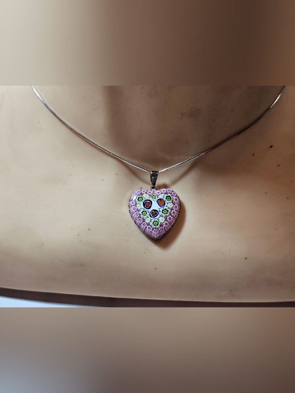 Vintage Sterling Millefiori Heart on Sterling Chain